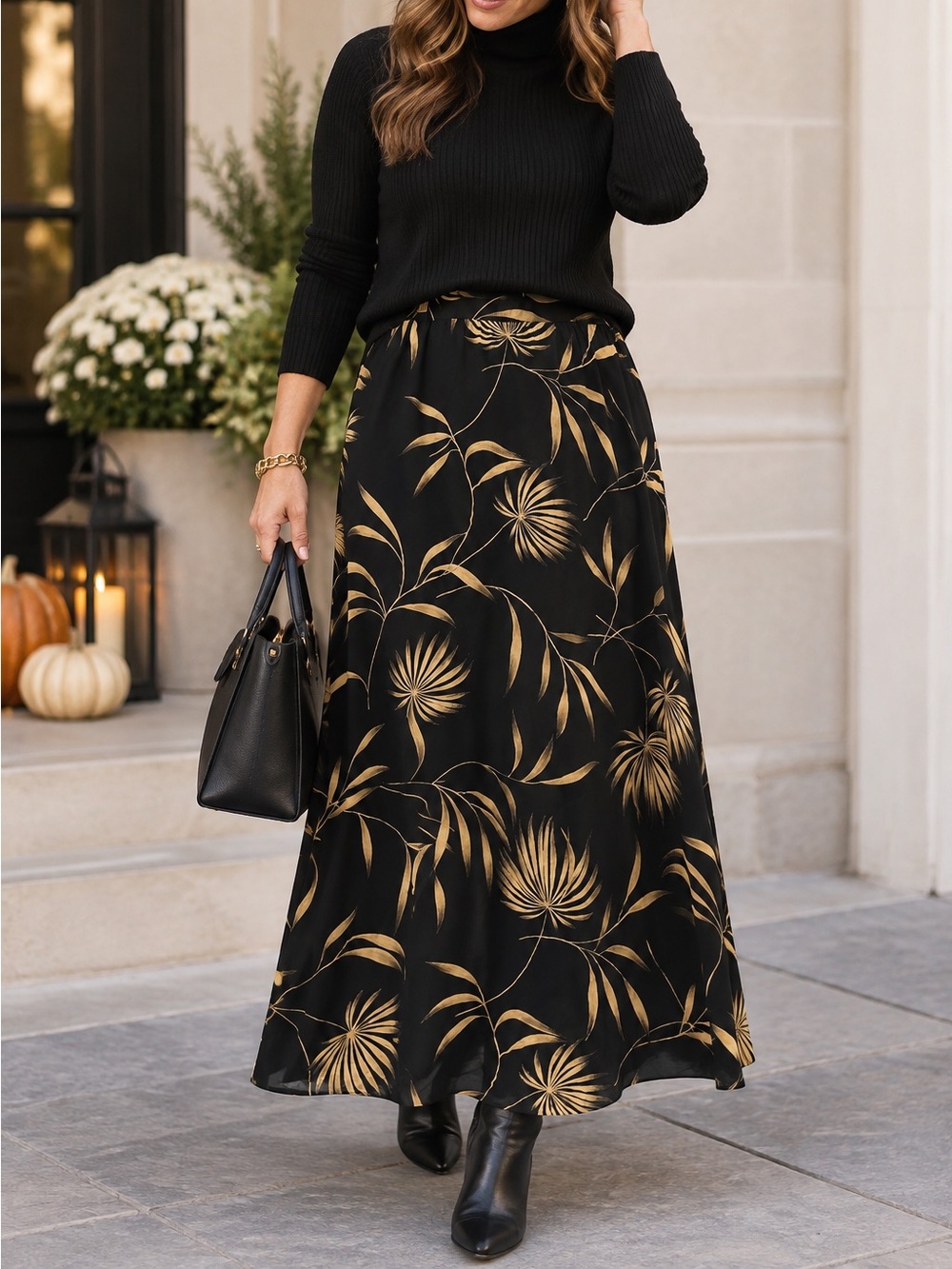 Jones New York 16W 100% Silk Black Gold Botanical Maxi Skirt Quiet Luxury